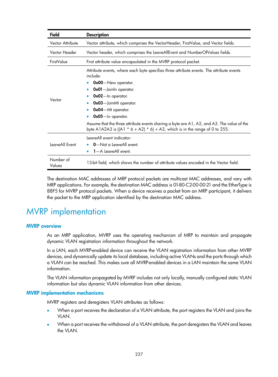 Mvrp implementation, Mvrp overview, Mvrp implementation mechanisms | H3C Technologies H3C S12500 Series Switches User Manual | Page 250 / 270