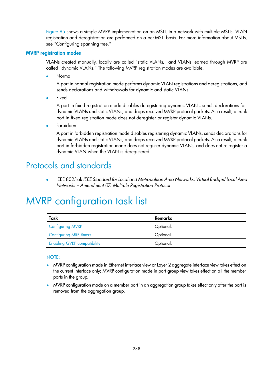 Mvrp registration modes, Protocols and standards, Mvrp configuration task list | H3C Technologies H3C S12500 Series Switches User Manual | Page 251 / 270