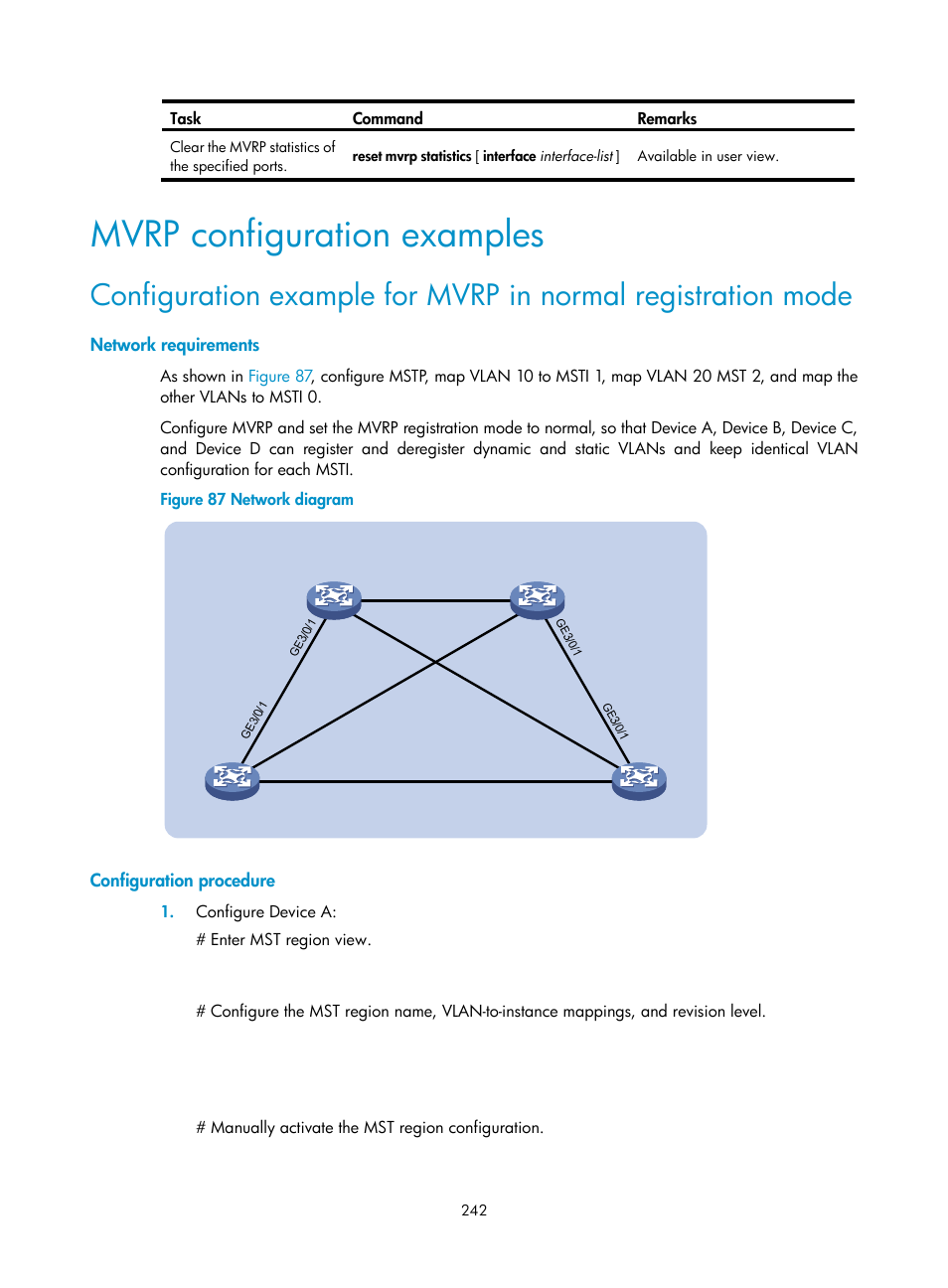 Mvrp configuration examples, Network requirements, Configuration procedure | H3C Technologies H3C S12500 Series Switches User Manual | Page 255 / 270