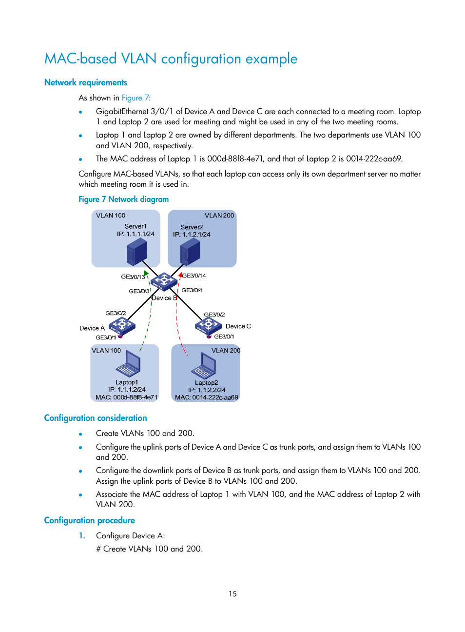 Mac-based vlan configuration example, Network requirements, Configuration consideration | Configuration procedure | H3C Technologies H3C S12500 Series Switches User Manual | Page 28 / 270