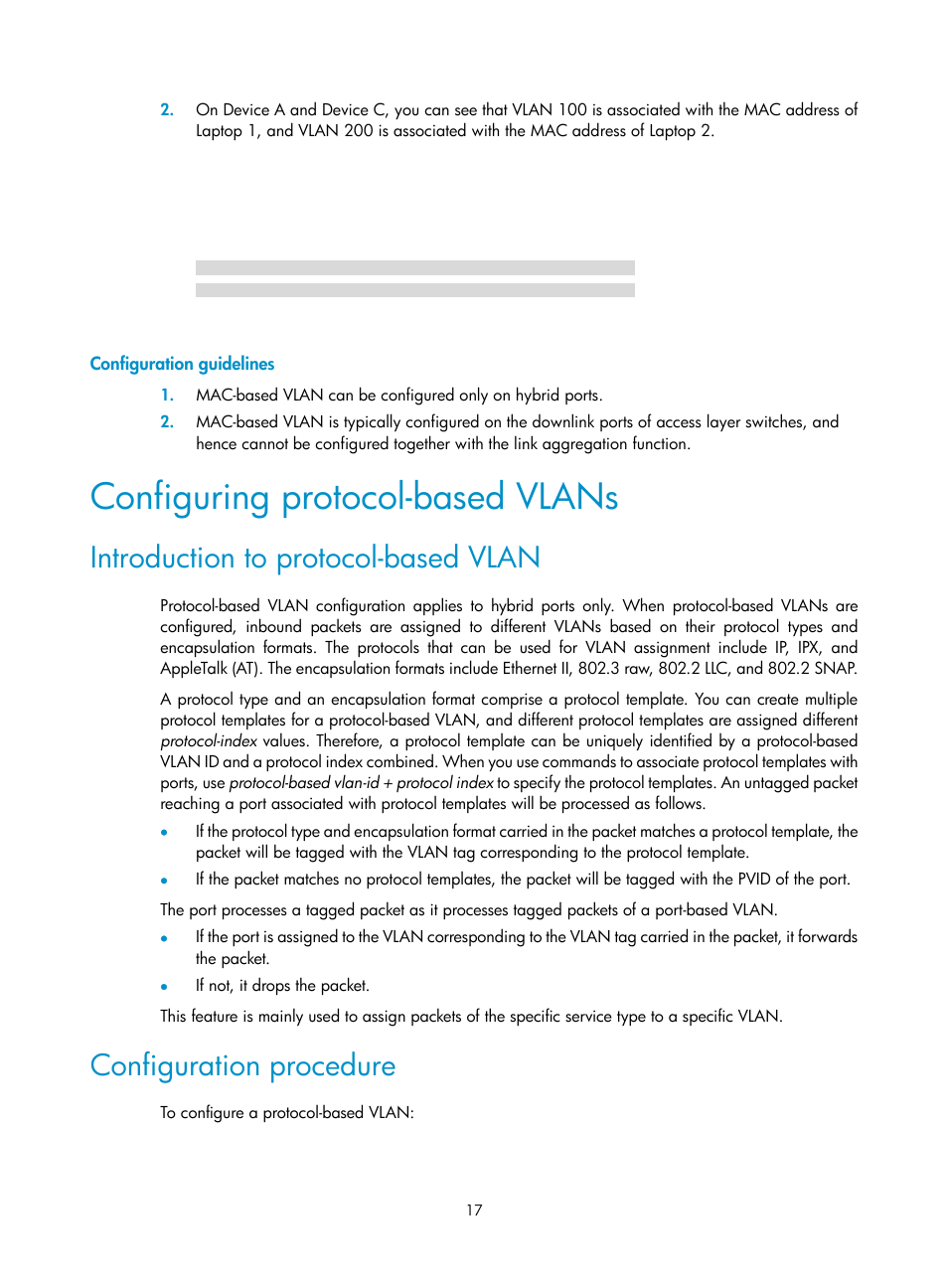 Configuration guidelines, Configuring protocol-based vlans, Introduction to protocol-based vlan | Configuration procedure | H3C Technologies H3C S12500 Series Switches User Manual | Page 30 / 270