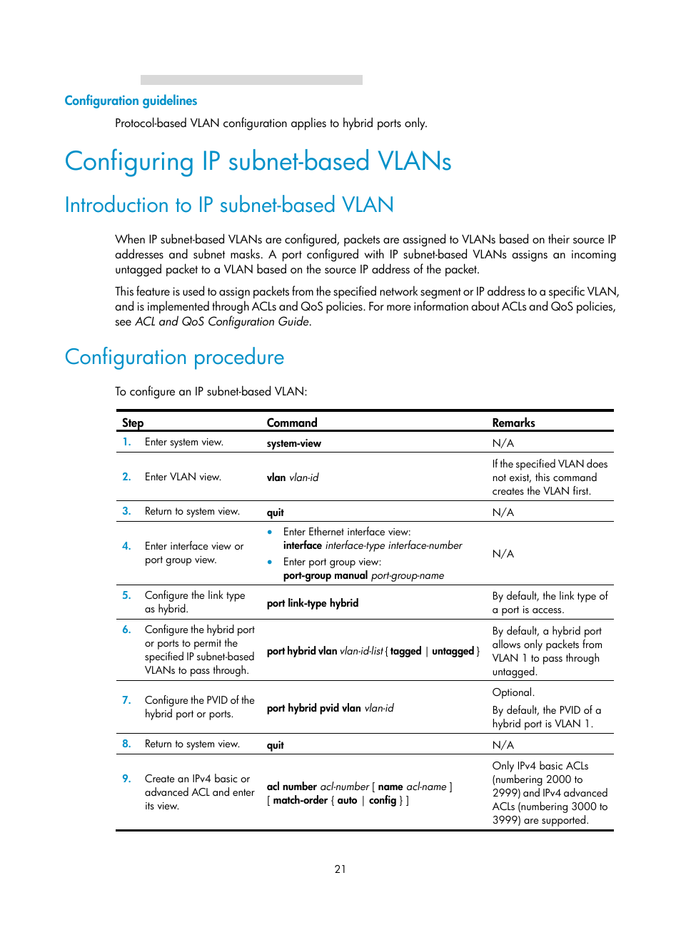 Configuration guidelines, Configuring ip subnet-based vlans, Introduction to ip subnet-based vlan | Configuration procedure | H3C Technologies H3C S12500 Series Switches User Manual | Page 34 / 270