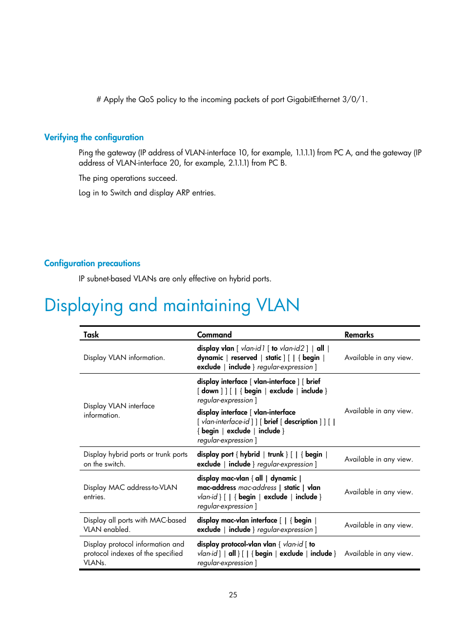 Verifying the configuration, Configuration precautions, Displaying and maintaining vlan | H3C Technologies H3C S12500 Series Switches User Manual | Page 38 / 270