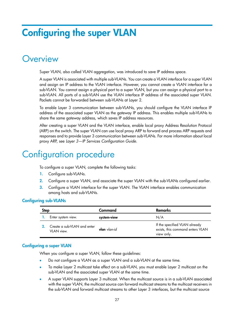 Configuring the super vlan, Overview, Configuration procedure | Configuring sub-vlans, Configuring a super vlan | H3C Technologies H3C S12500 Series Switches User Manual | Page 40 / 270