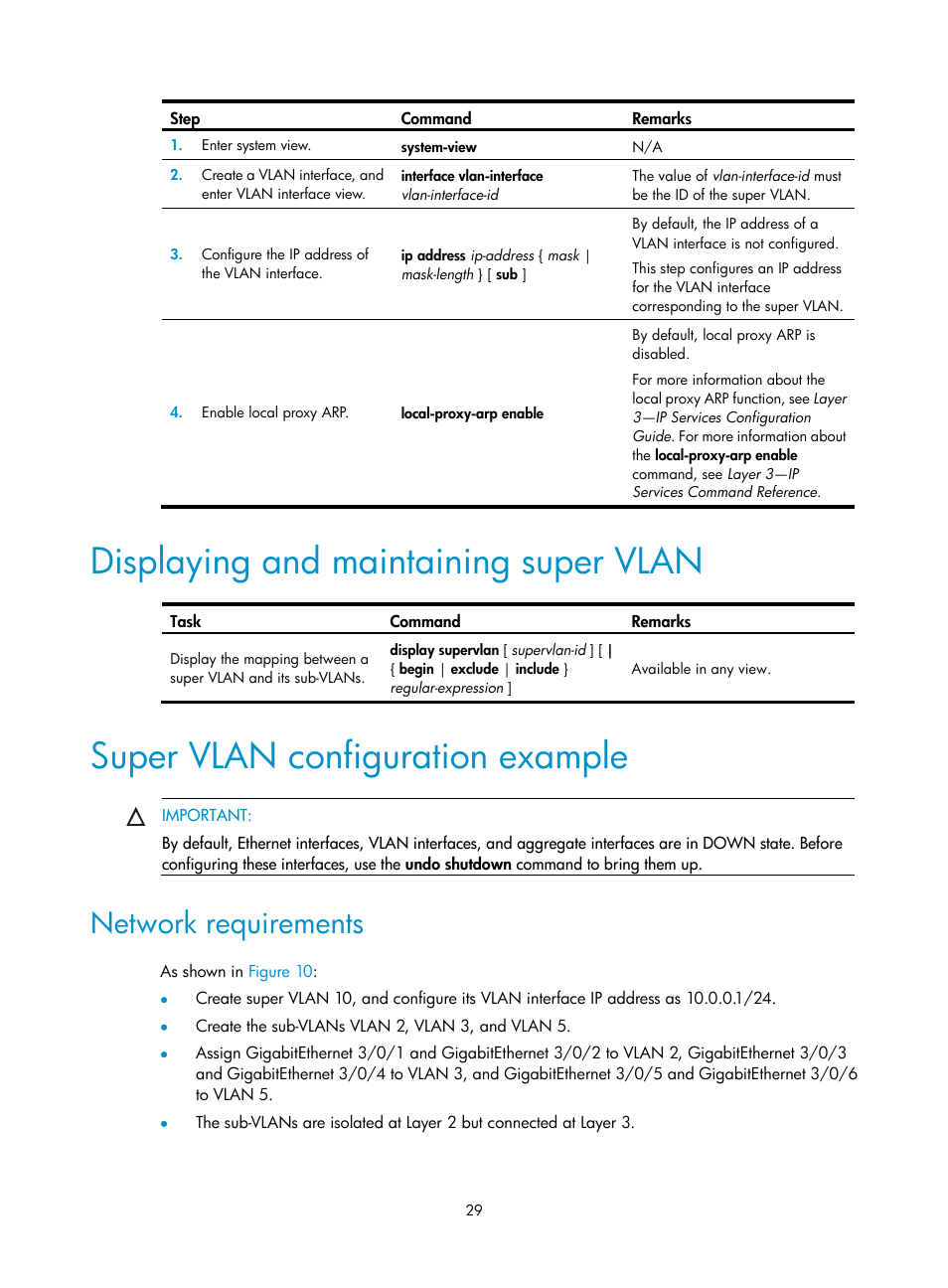 Displaying and maintaining super vlan, Super vlan configuration example, Network requirements | H3C Technologies H3C S12500 Series Switches User Manual | Page 42 / 270