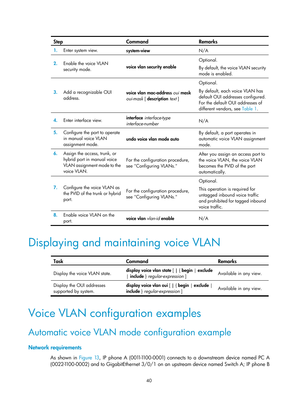 Displaying and maintaining voice vlan, Voice vlan configuration examples, Automatic voice vlan mode configuration example | Network requirements | H3C Technologies H3C S12500 Series Switches User Manual | Page 53 / 270