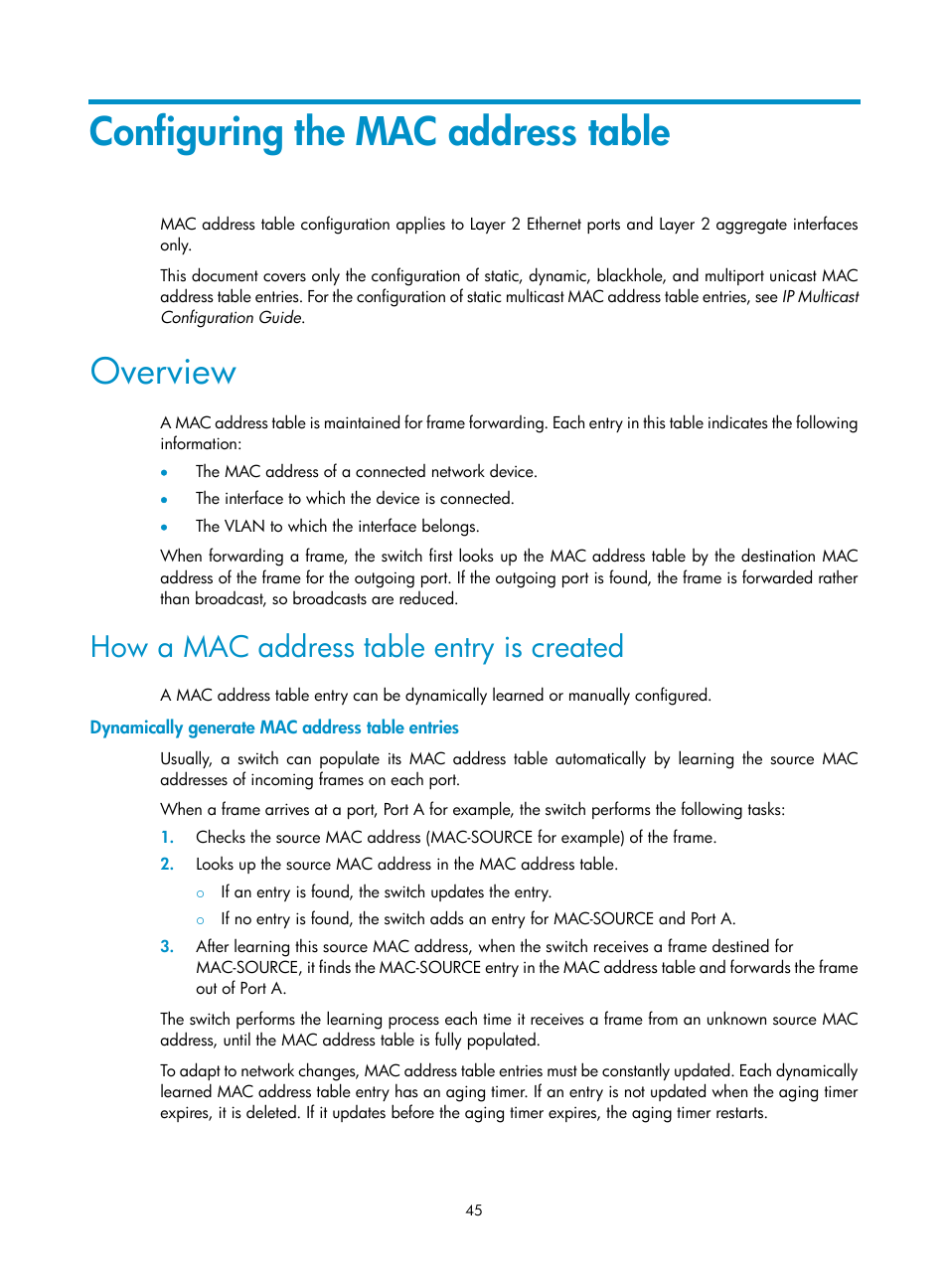 Configuring the mac address table, Overview, How a mac address table entry is created | Dynamically generate mac address table entries | H3C Technologies H3C S12500 Series Switches User Manual | Page 58 / 270