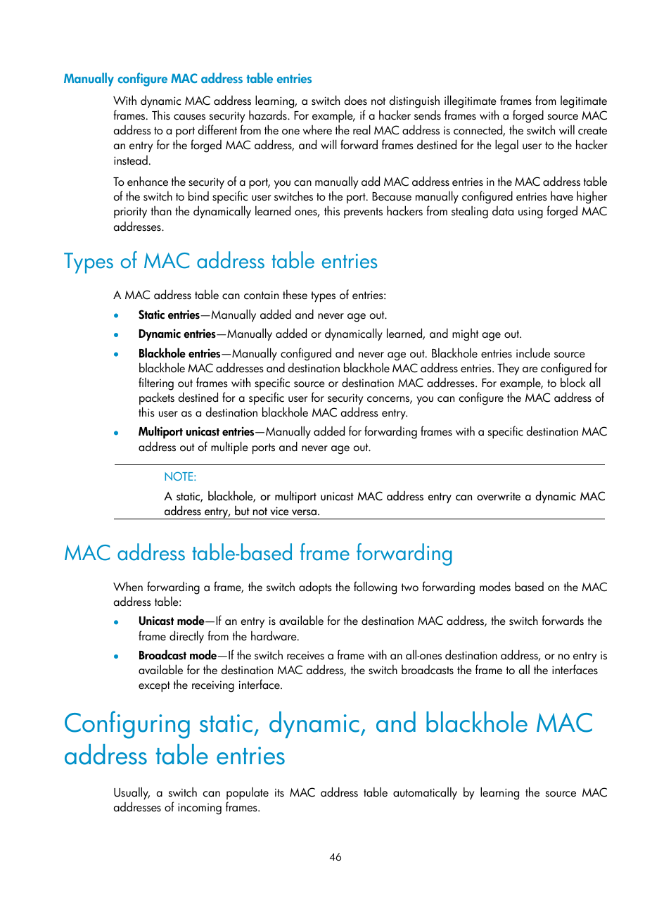 Manually configure mac address table entries, Types of mac address table entries, Mac address table-based frame forwarding | H3C Technologies H3C S12500 Series Switches User Manual | Page 59 / 270