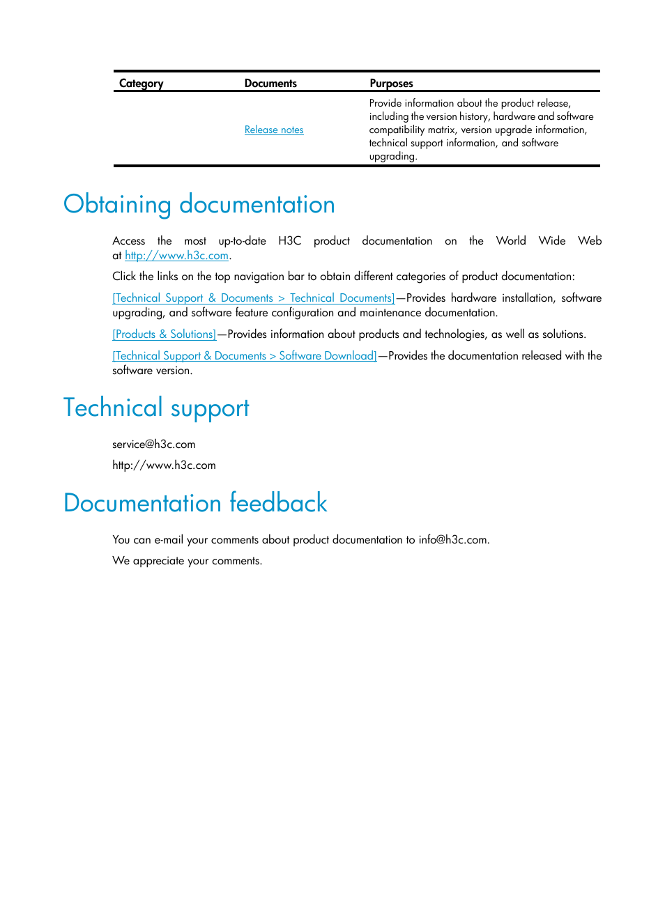 Obtaining documentation, Technical support, Documentation feedback | H3C Technologies H3C S12500 Series Switches User Manual | Page 6 / 270