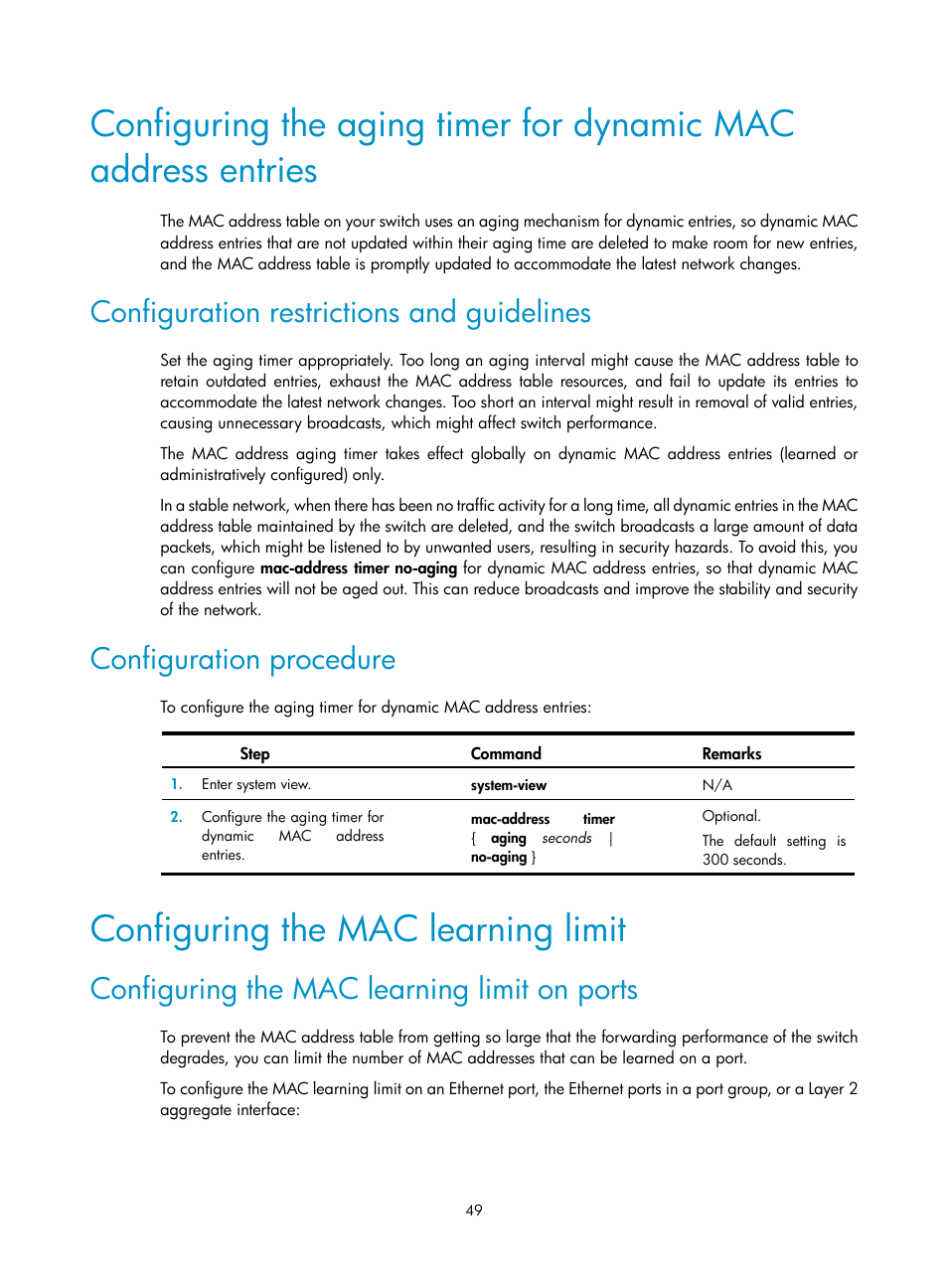 Configuration restrictions and guidelines, Configuration procedure, Configuring the mac learning limit | Configuring the mac learning limit on ports | H3C Technologies H3C S12500 Series Switches User Manual | Page 62 / 270