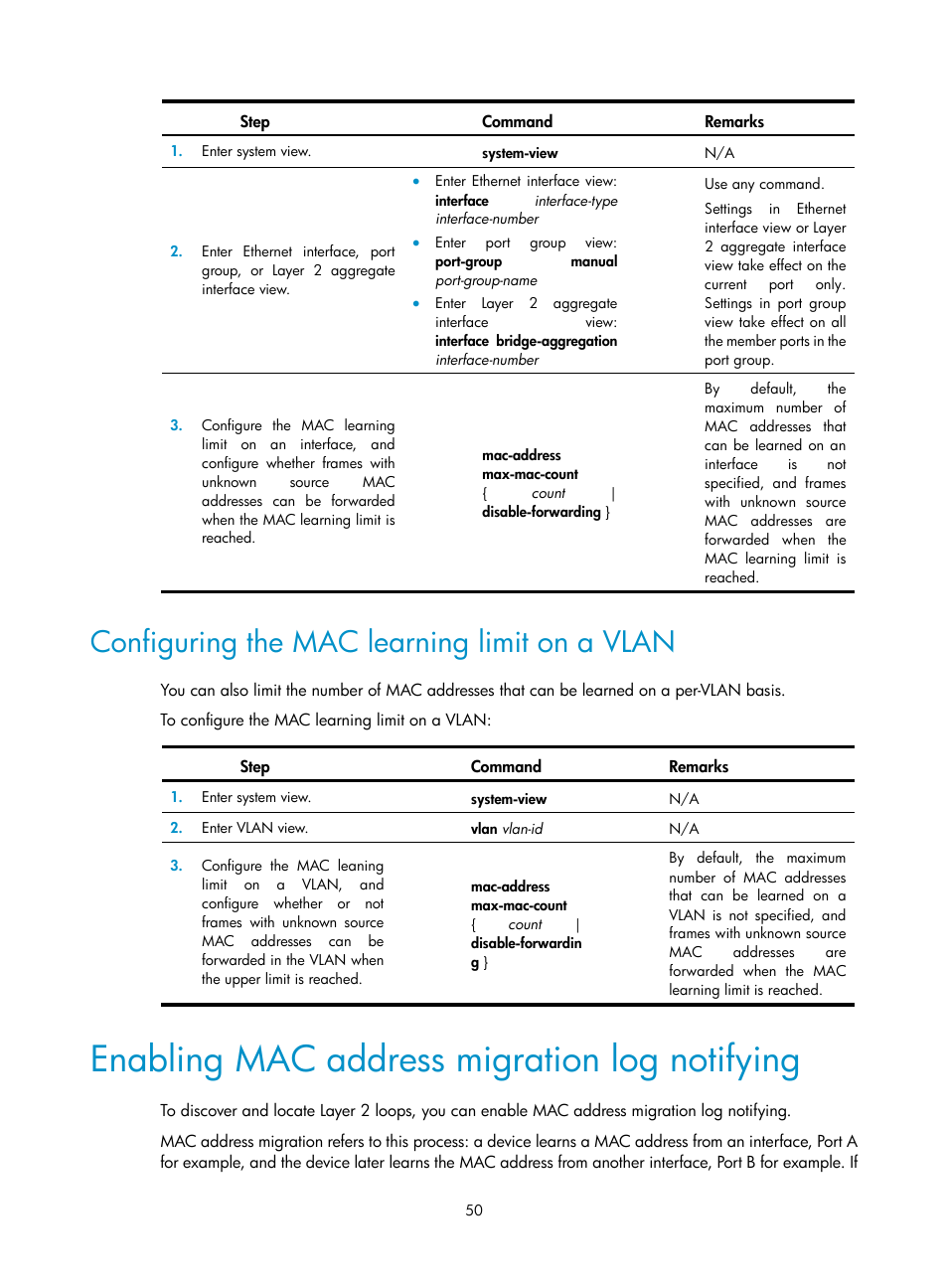 Configuring the mac learning limit on a vlan, Enabling mac address migration log notifying | H3C Technologies H3C S12500 Series Switches User Manual | Page 63 / 270