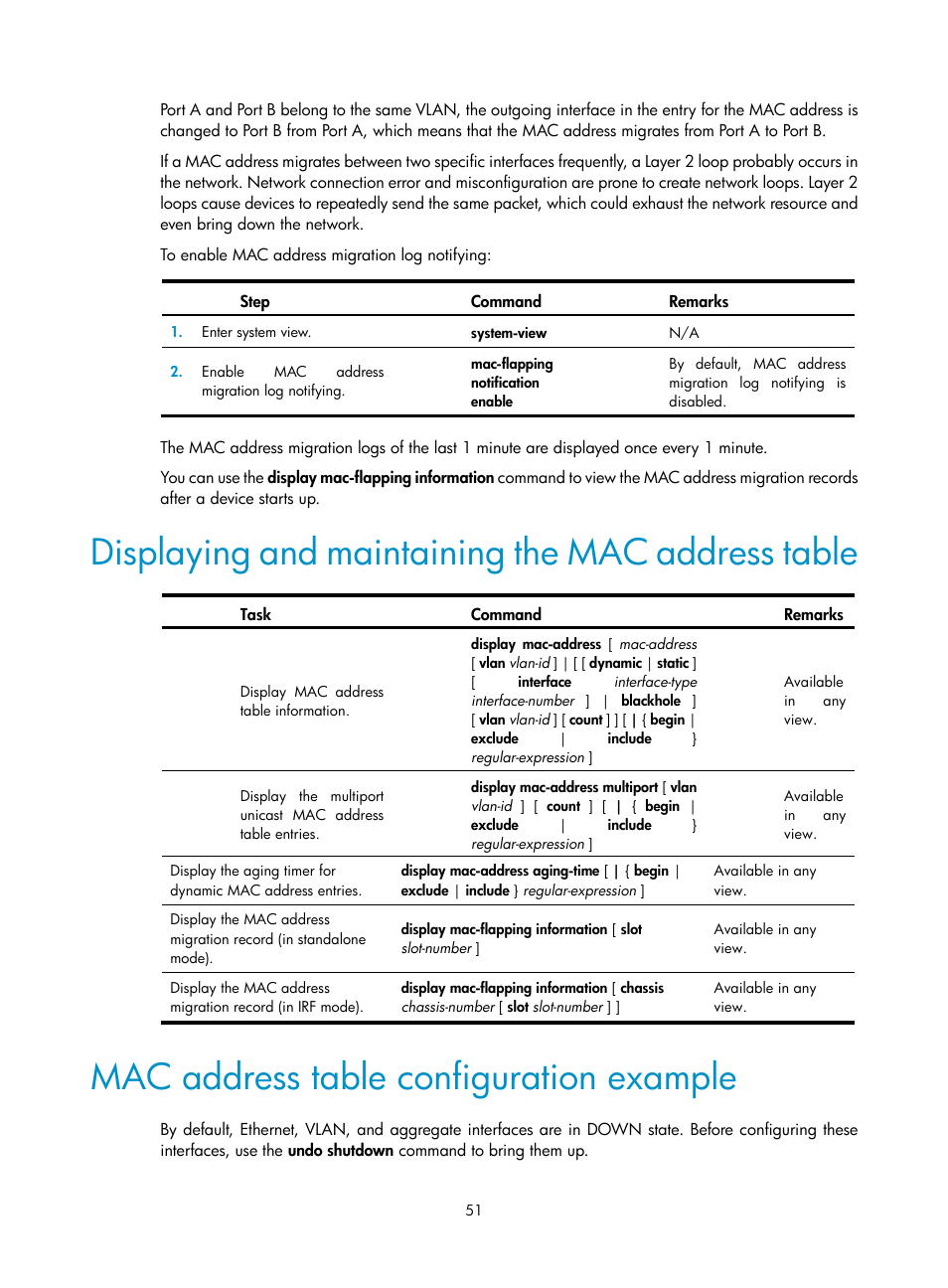 Displaying and maintaining the mac address table, Mac address table configuration example | H3C Technologies H3C S12500 Series Switches User Manual | Page 64 / 270