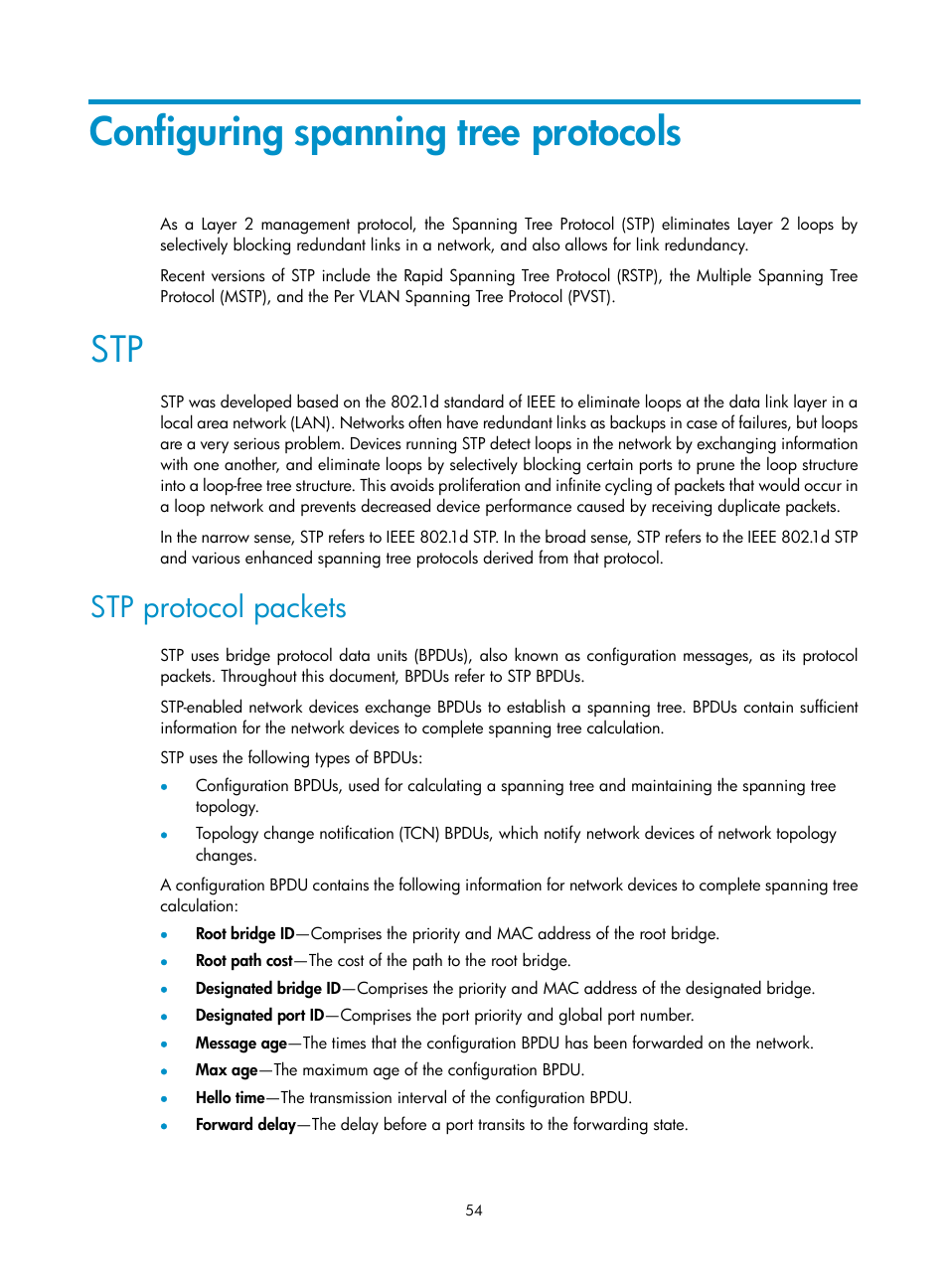 Configuring spanning tree protocols, Stp protocol packets | H3C Technologies H3C S12500 Series Switches User Manual | Page 67 / 270