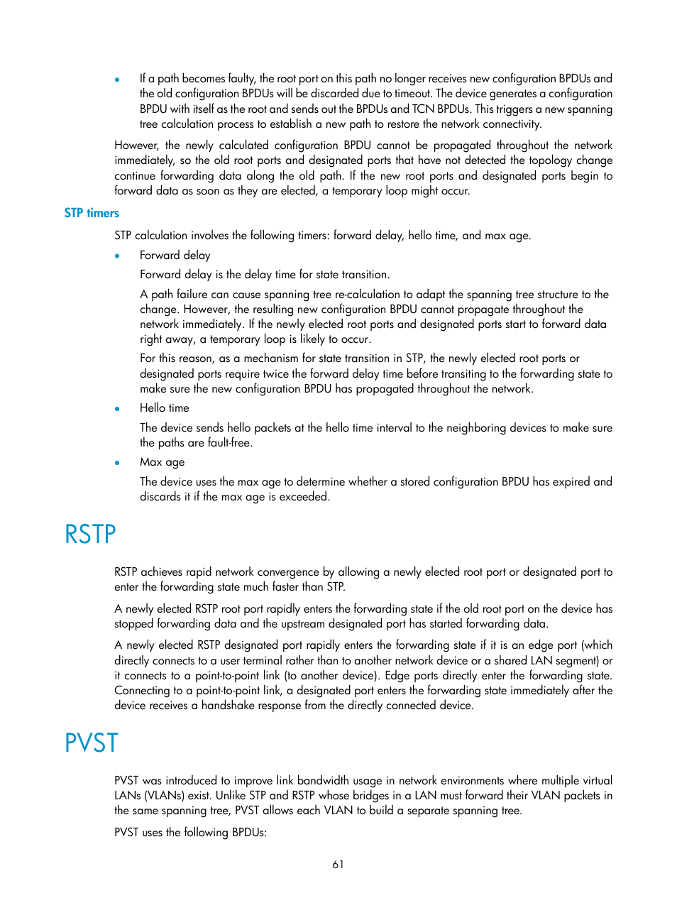 Stp timers, Rstp, Pvst | H3C Technologies H3C S12500 Series Switches User Manual | Page 74 / 270