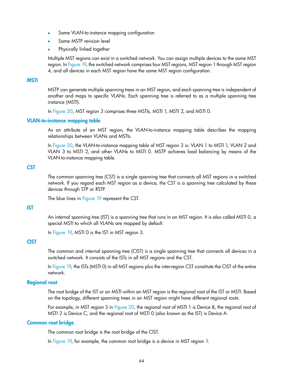 Msti, Vlan-to-instance mapping table, Cist | Regional root, Common root bridge | H3C Technologies H3C S12500 Series Switches User Manual | Page 77 / 270