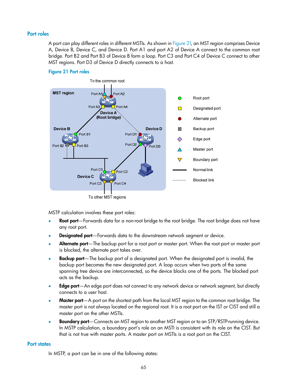 Port roles, Port states | H3C Technologies H3C S12500 Series Switches User Manual | Page 78 / 270