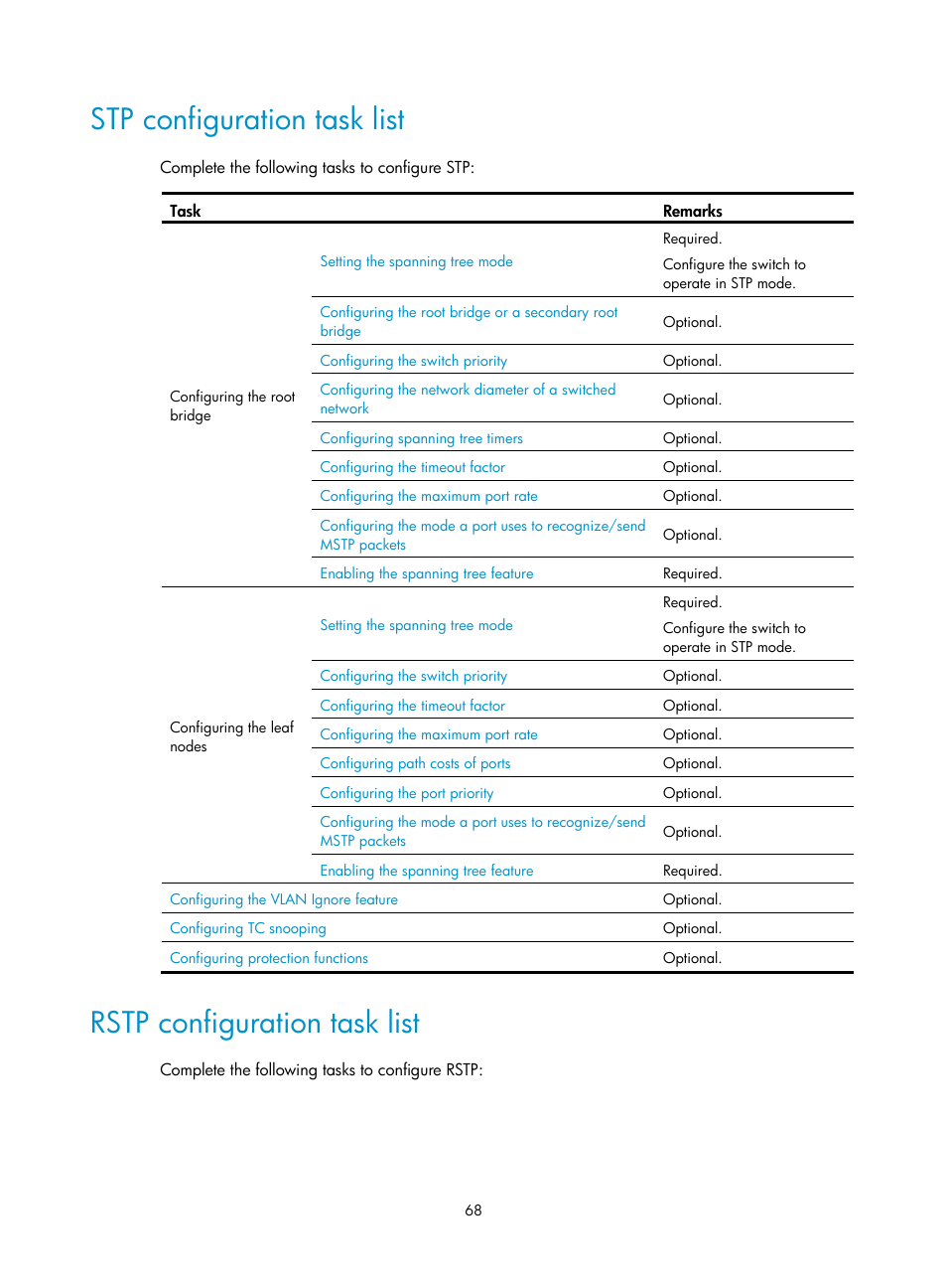 Stp configuration task list, Rstp configuration task list | H3C Technologies H3C S12500 Series Switches User Manual | Page 81 / 270