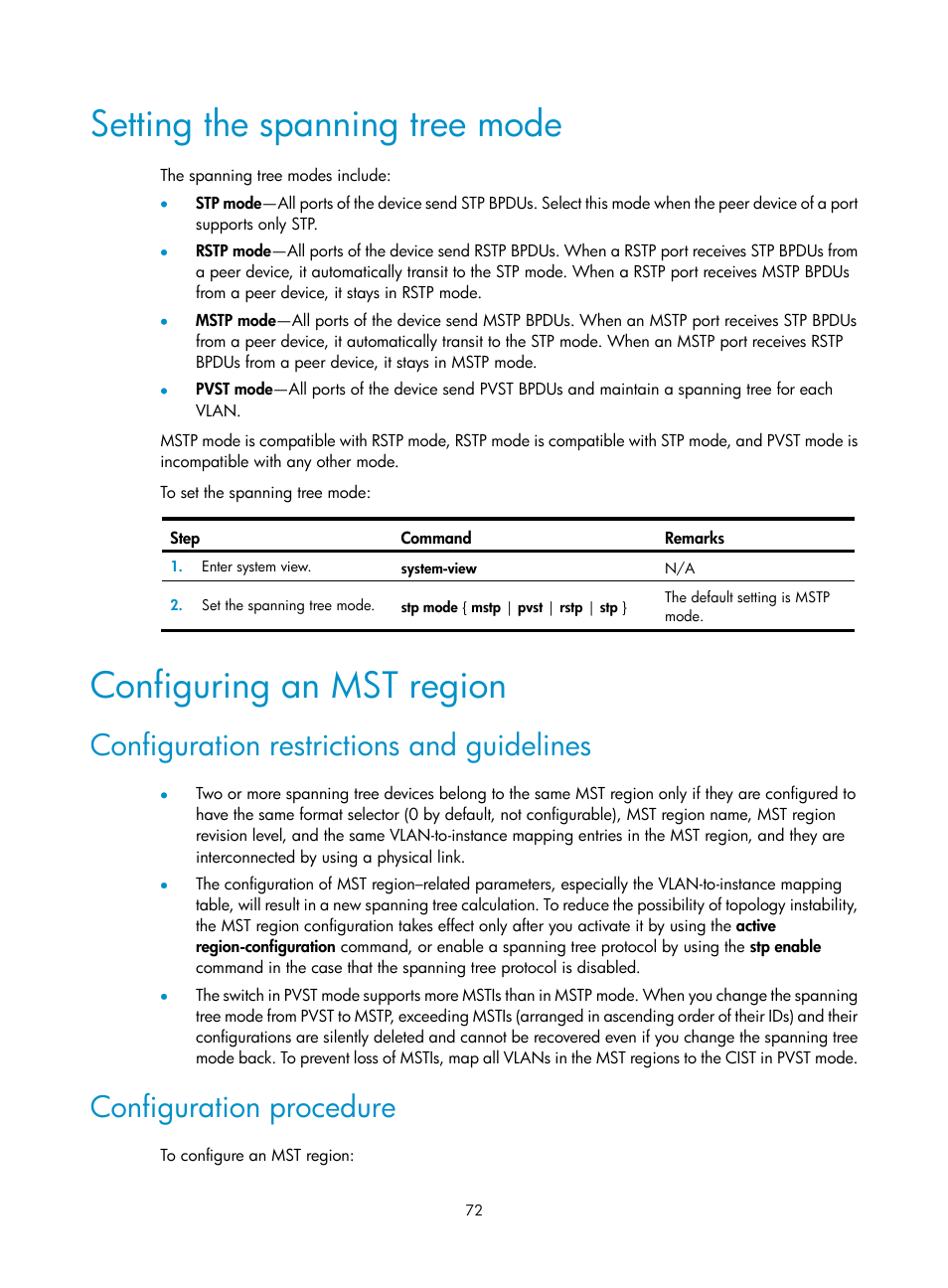 Setting the spanning tree mode, Configuring an mst region, Configuration restrictions and guidelines | Configuration procedure | H3C Technologies H3C S12500 Series Switches User Manual | Page 85 / 270