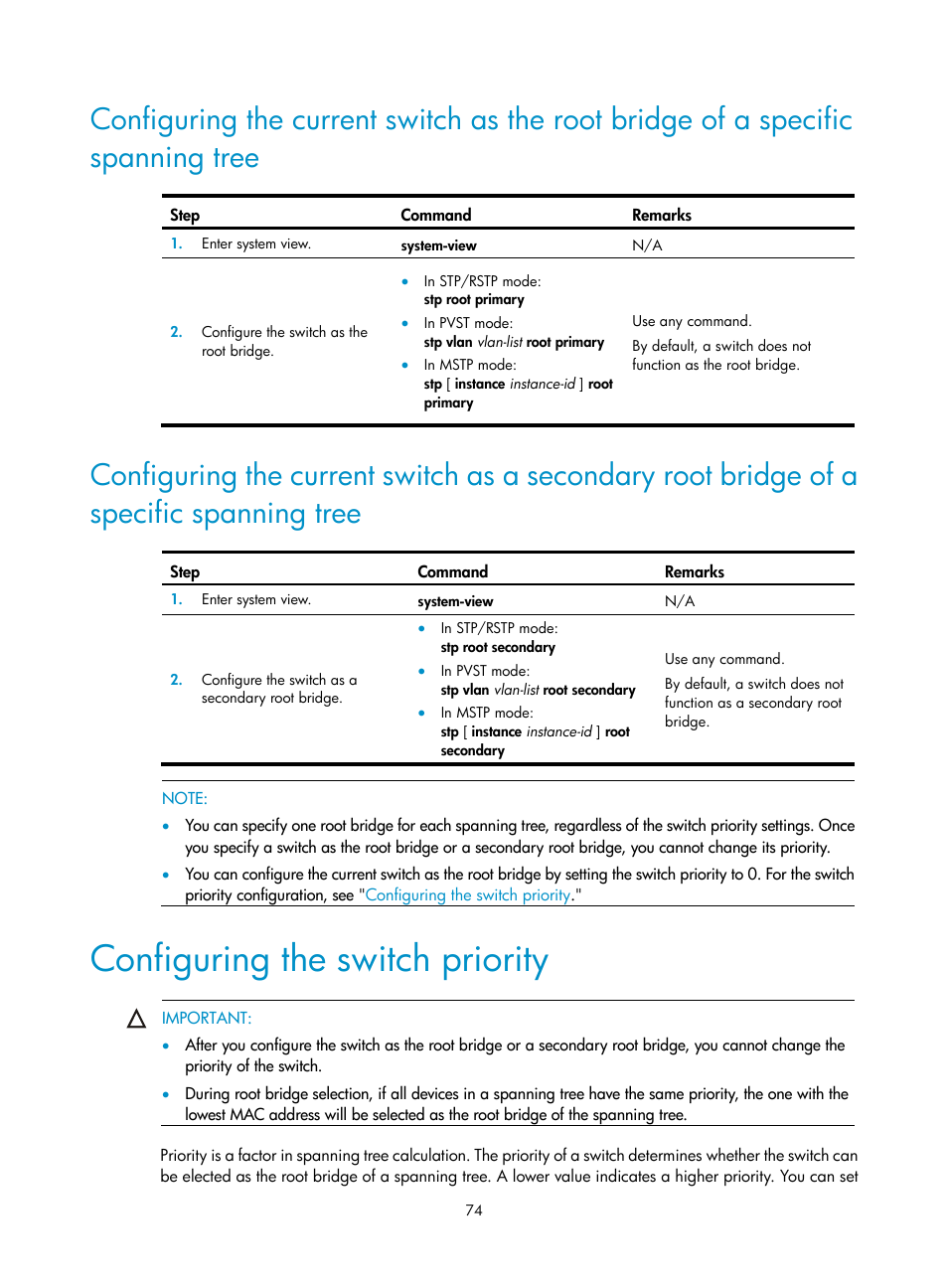 Configuring the switch priority | H3C Technologies H3C S12500 Series Switches User Manual | Page 87 / 270