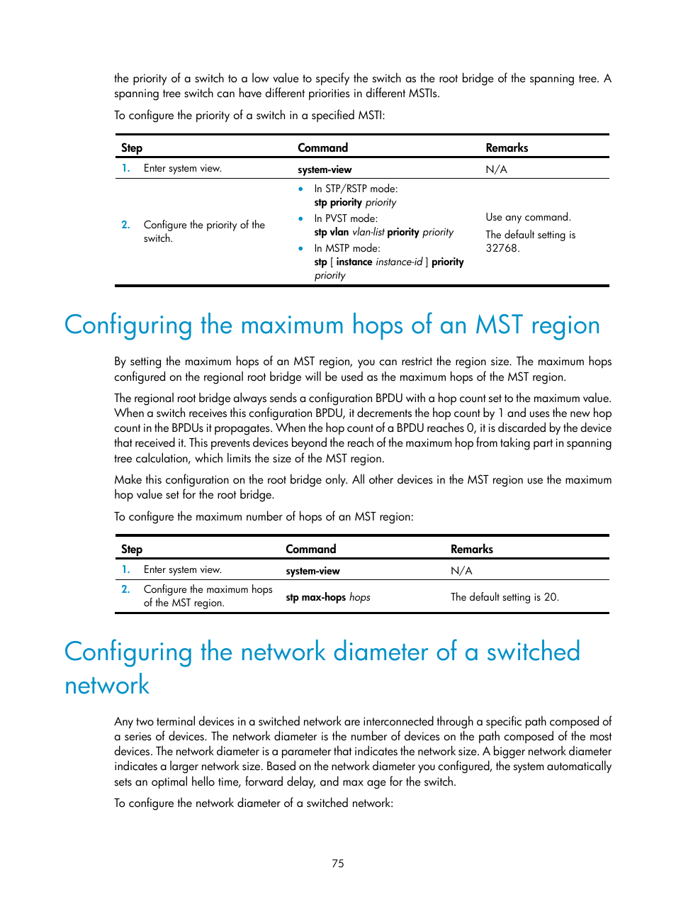 Configuring the maximum hops of an mst region | H3C Technologies H3C S12500 Series Switches User Manual | Page 88 / 270