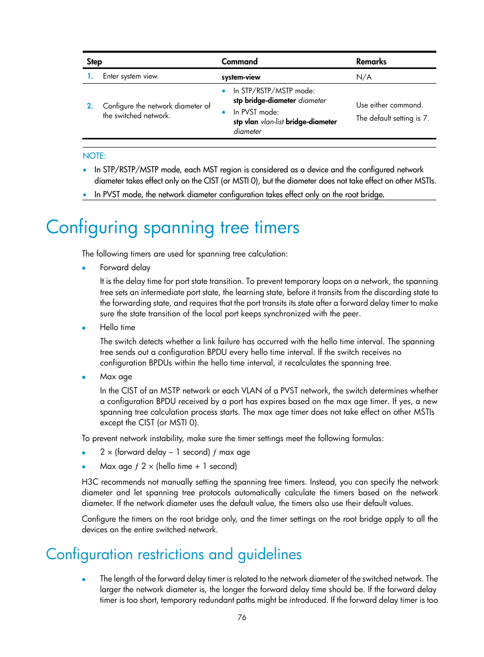Configuring spanning tree timers, Configuration restrictions and guidelines | H3C Technologies H3C S12500 Series Switches User Manual | Page 89 / 270