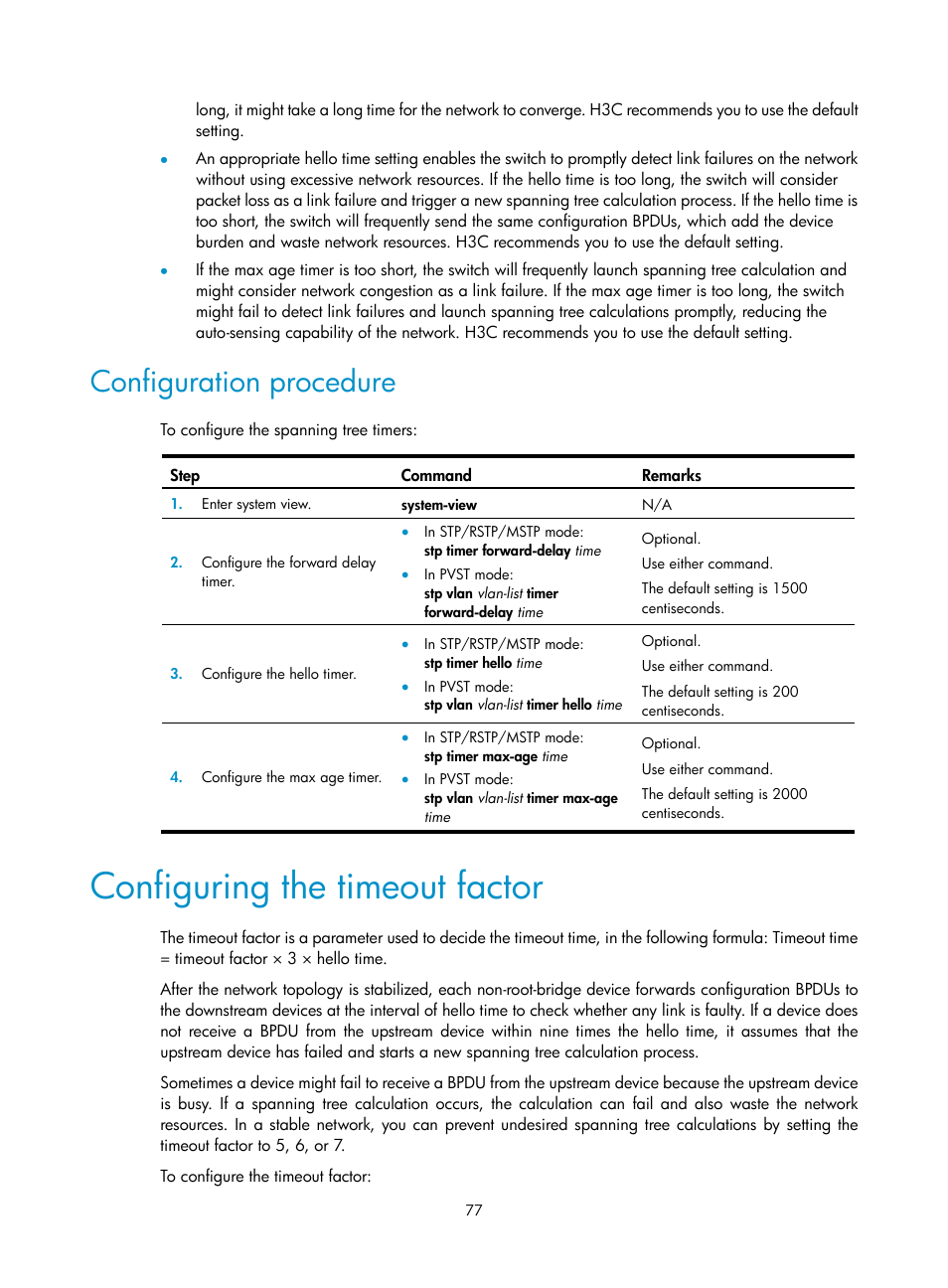 Configuration procedure, Configuring the timeout factor | H3C Technologies H3C S12500 Series Switches User Manual | Page 90 / 270