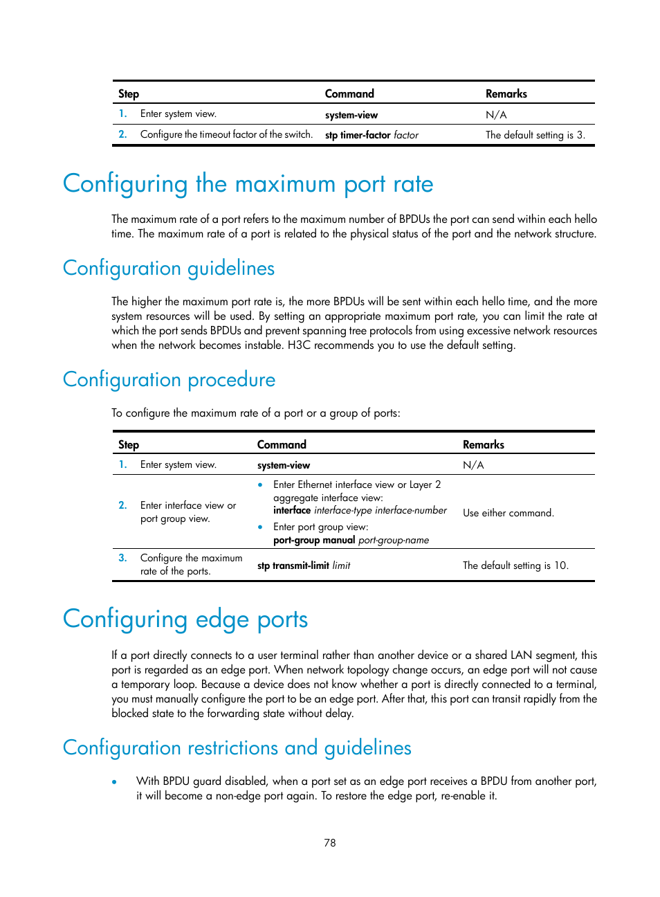 Configuring the maximum port rate, Configuration guidelines, Configuration procedure | Configuring edge ports, Configuration restrictions and guidelines | H3C Technologies H3C S12500 Series Switches User Manual | Page 91 / 270