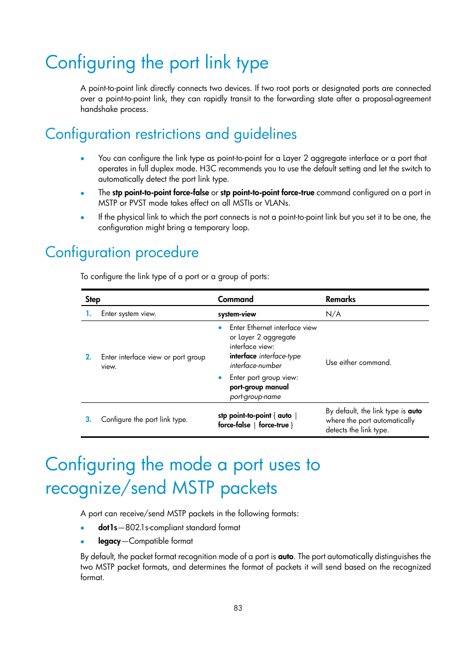 Configuring the port link type, Configuration restrictions and guidelines, Configuration procedure | H3C Technologies H3C S12500 Series Switches User Manual | Page 96 / 270