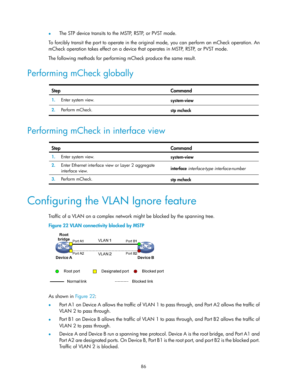 Performing mcheck globally, Performing mcheck in interface view, Configuring the vlan ignore feature | H3C Technologies H3C S12500 Series Switches User Manual | Page 99 / 270