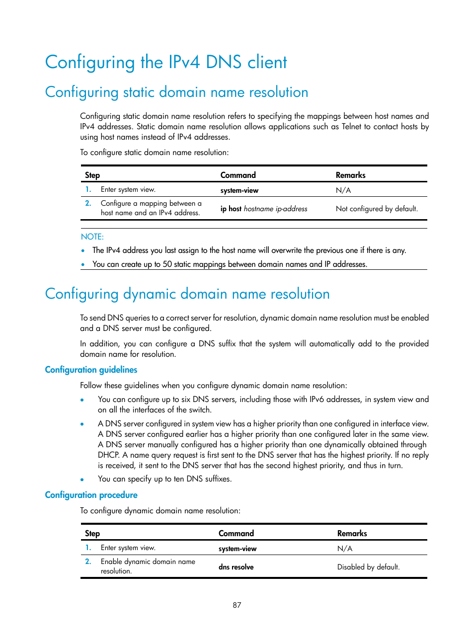 Configuring the ipv4 dns client, Configuring static domain name resolution, Configuring dynamic domain name resolution | Configuration guidelines, Configuration procedure | H3C Technologies H3C S12500 Series Switches User Manual | Page 101 / 249