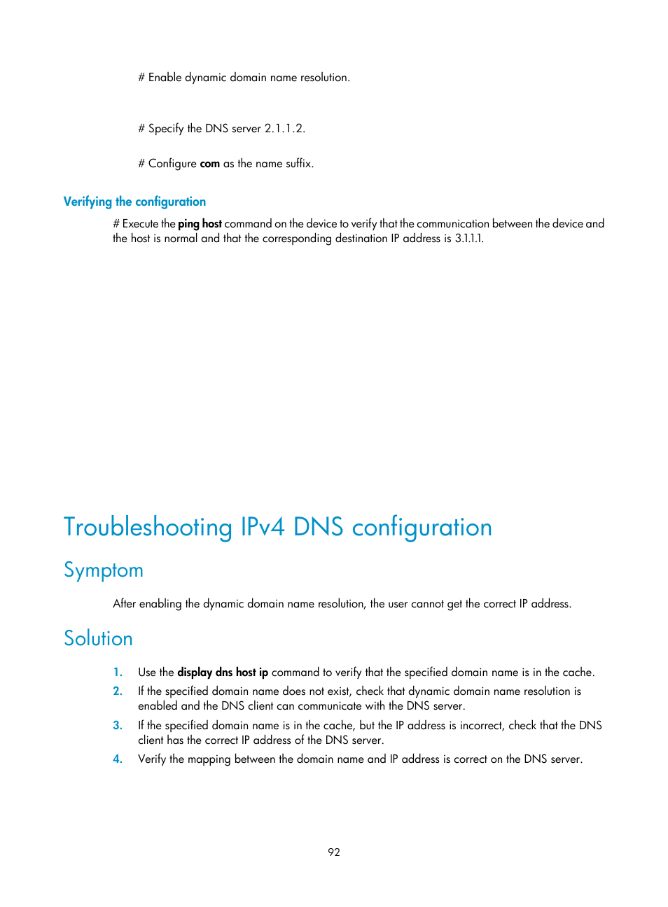 Verifying the configuration, Troubleshooting ipv4 dns configuration, Symptom | Solution | H3C Technologies H3C S12500 Series Switches User Manual | Page 106 / 249
