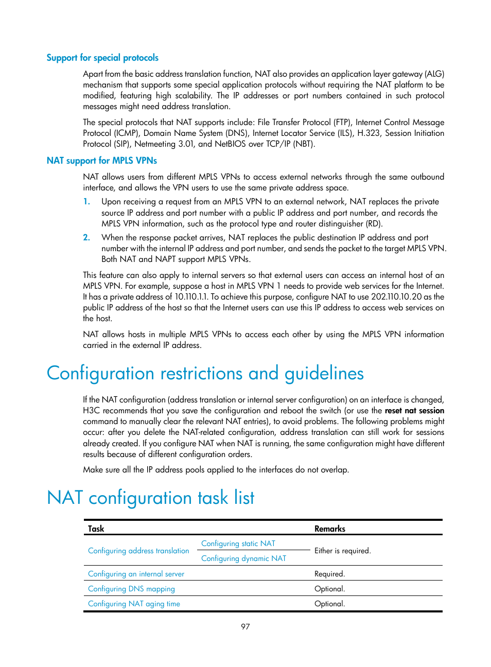Support for special protocols, Nat support for mpls vpns, Configuration restrictions and guidelines | Nat configuration task list | H3C Technologies H3C S12500 Series Switches User Manual | Page 111 / 249