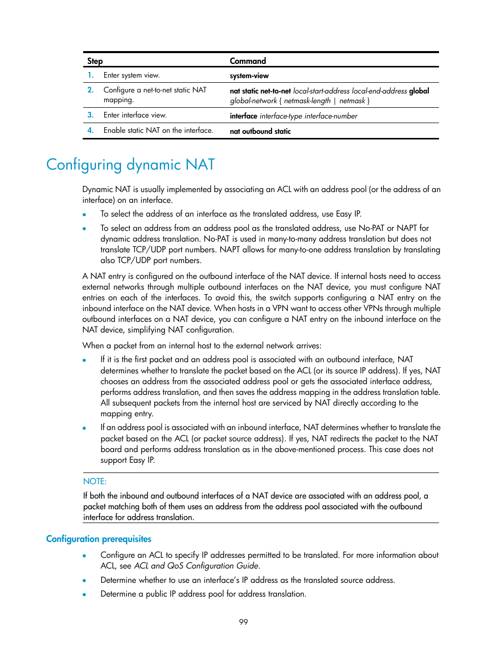 Configuring dynamic nat, Configuration prerequisites | H3C Technologies H3C S12500 Series Switches User Manual | Page 113 / 249