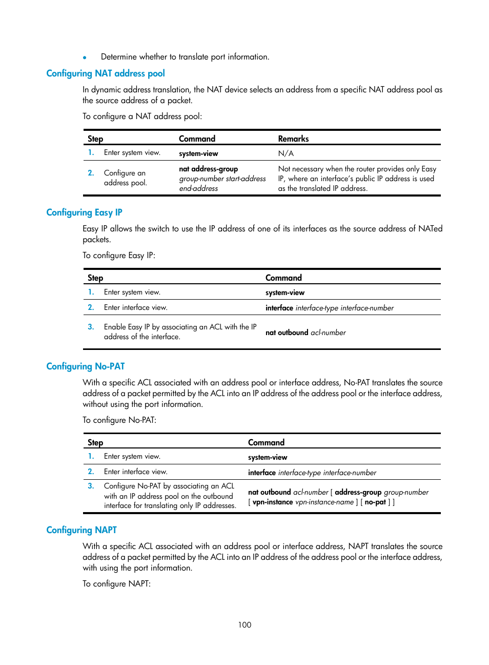 Configuring nat address pool, Configuring easy ip, Configuring no-pat | Configuring napt | H3C Technologies H3C S12500 Series Switches User Manual | Page 114 / 249