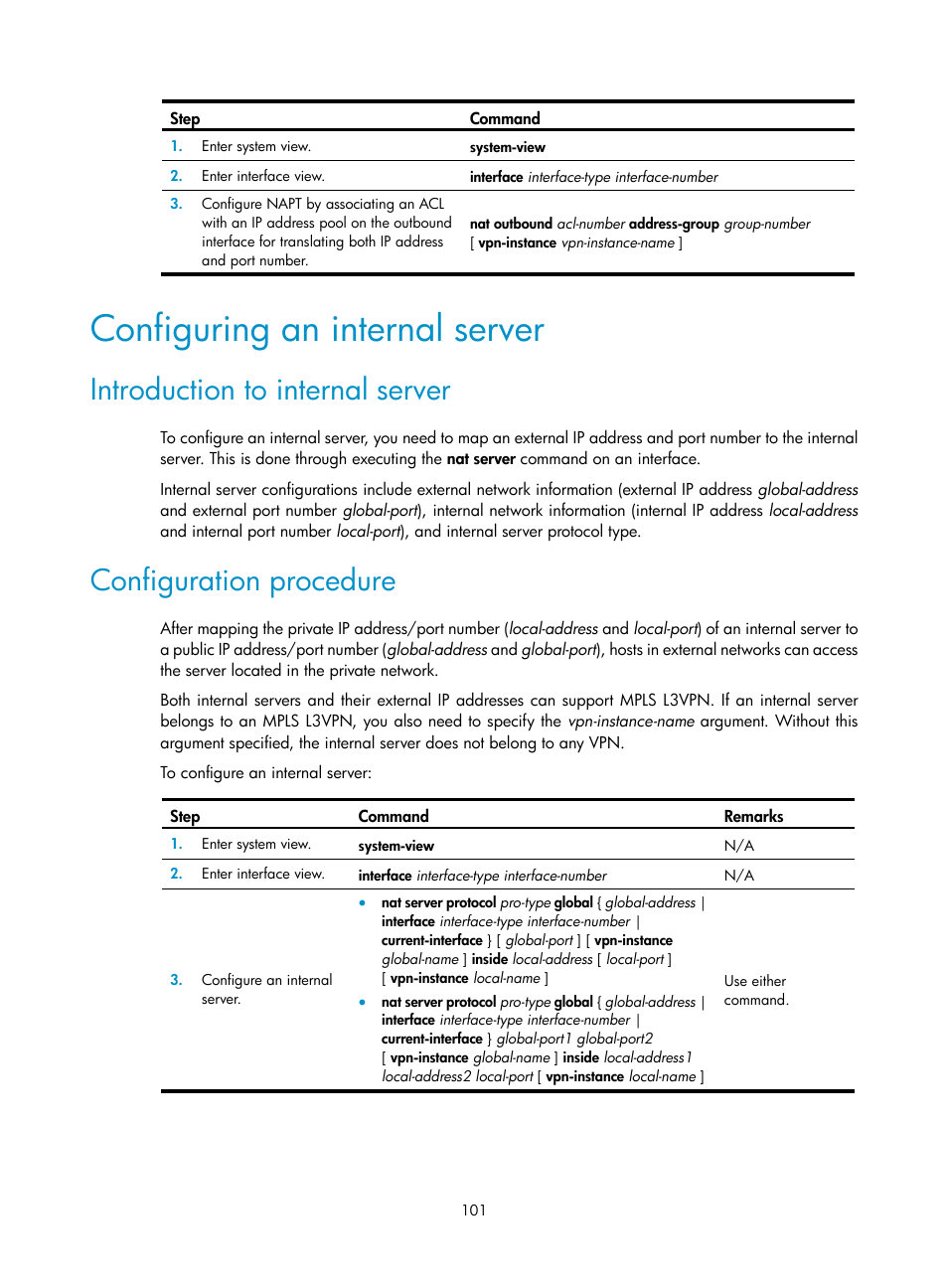 Configuring an internal server, Introduction to internal server, Configuration procedure | H3C Technologies H3C S12500 Series Switches User Manual | Page 115 / 249