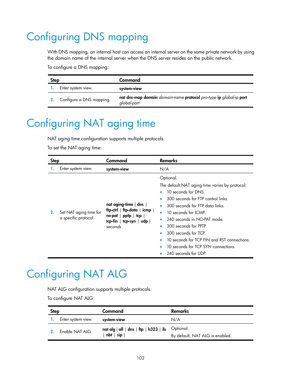Configuring dns mapping, Configuring nat aging time, Configuring nat alg | H3C Technologies H3C S12500 Series Switches User Manual | Page 116 / 249