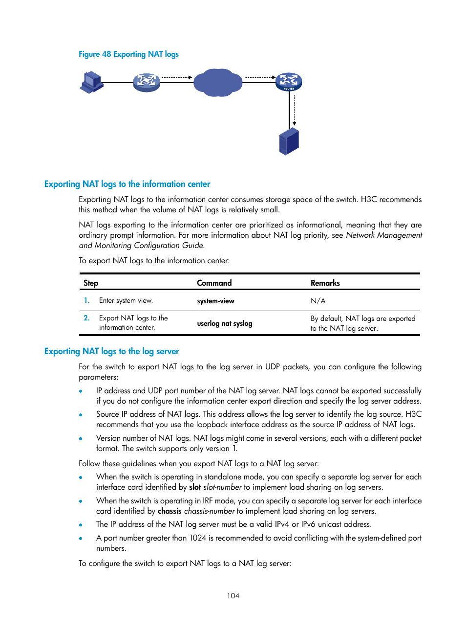 Exporting nat logs to the information center, Exporting nat logs to the log server | H3C Technologies H3C S12500 Series Switches User Manual | Page 118 / 249