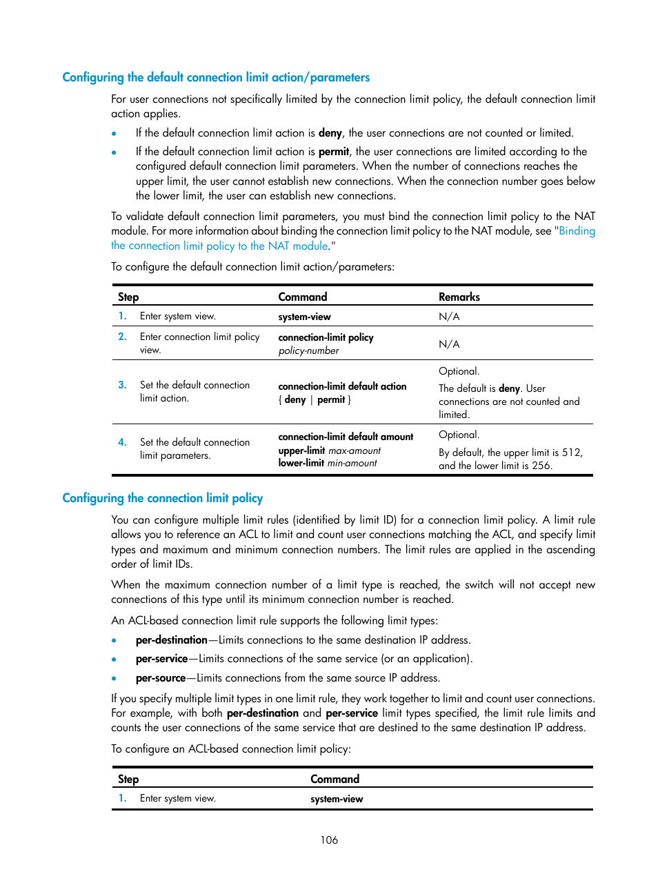 Configuring the connection limit policy | H3C Technologies H3C S12500 Series Switches User Manual | Page 120 / 249
