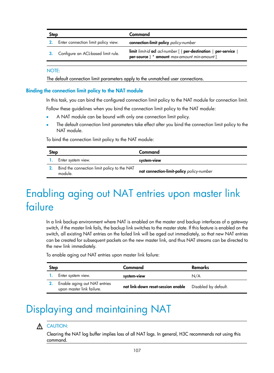 Displaying and maintaining nat | H3C Technologies H3C S12500 Series Switches User Manual | Page 121 / 249