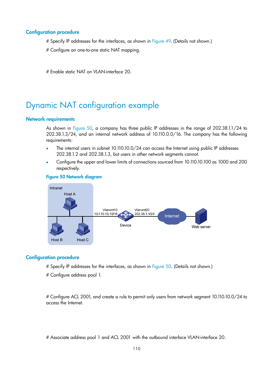 Configuration procedure, Dynamic nat configuration example, Network requirements | H3C Technologies H3C S12500 Series Switches User Manual | Page 124 / 249
