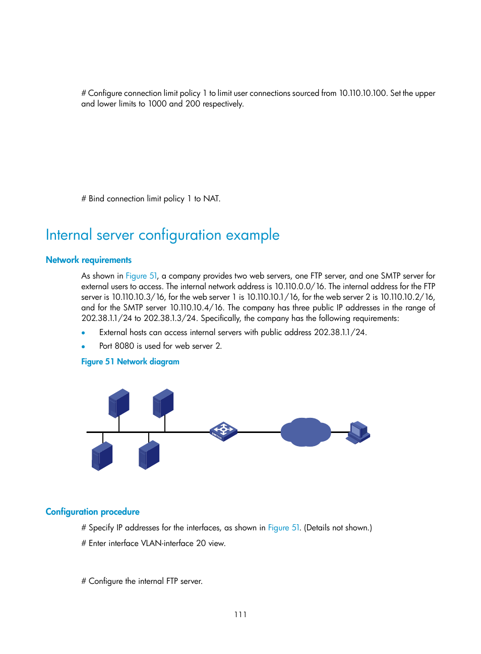 Internal server configuration example, Network requirements, Configuration procedure | H3C Technologies H3C S12500 Series Switches User Manual | Page 125 / 249