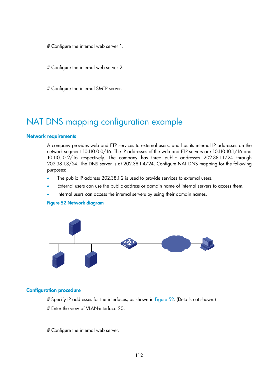 Nat dns mapping configuration example, Network requirements, Configuration procedure | H3C Technologies H3C S12500 Series Switches User Manual | Page 126 / 249