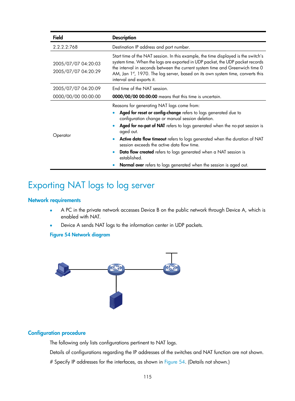 Exporting nat logs to log server, Network requirements, Configuration procedure | H3C Technologies H3C S12500 Series Switches User Manual | Page 129 / 249
