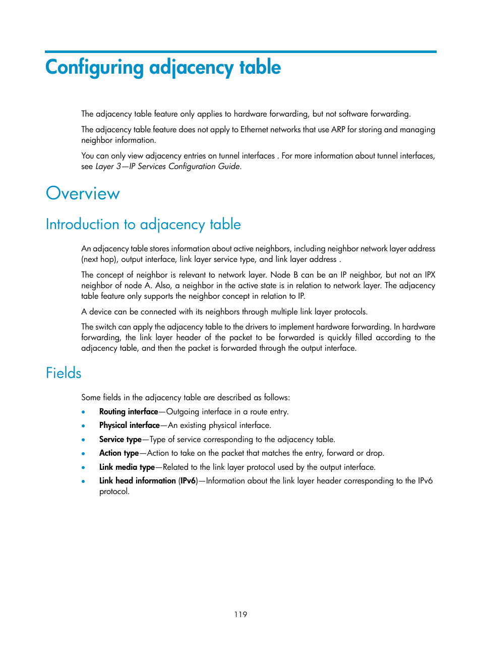 Configuring adjacency table, Overview, Introduction to adjacency table | Fields | H3C Technologies H3C S12500 Series Switches User Manual | Page 133 / 249