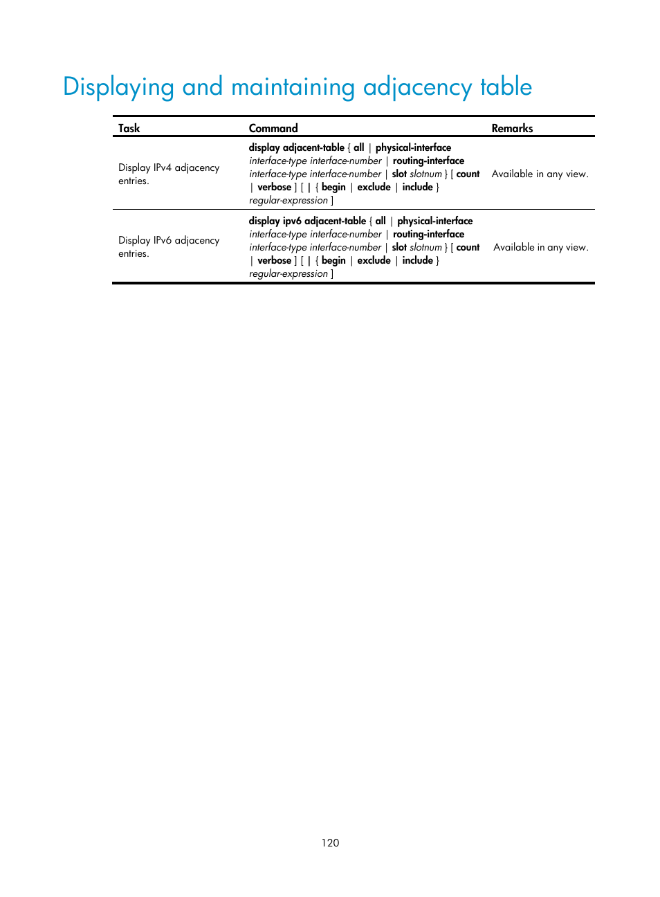 Displaying and maintaining adjacency table | H3C Technologies H3C S12500 Series Switches User Manual | Page 134 / 249