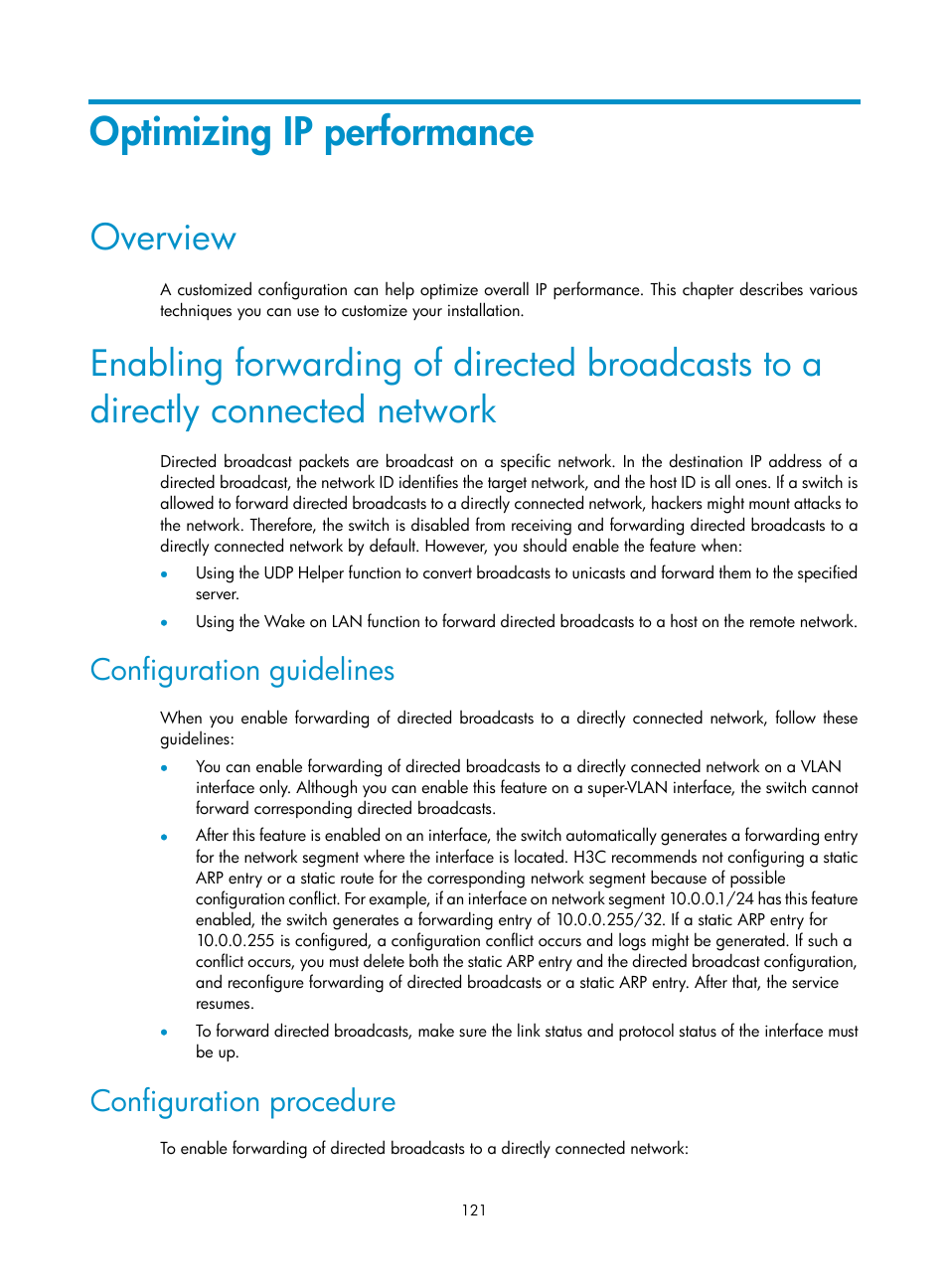 Optimizing ip performance, Overview, Configuration guidelines | Configuration procedure | H3C Technologies H3C S12500 Series Switches User Manual | Page 135 / 249