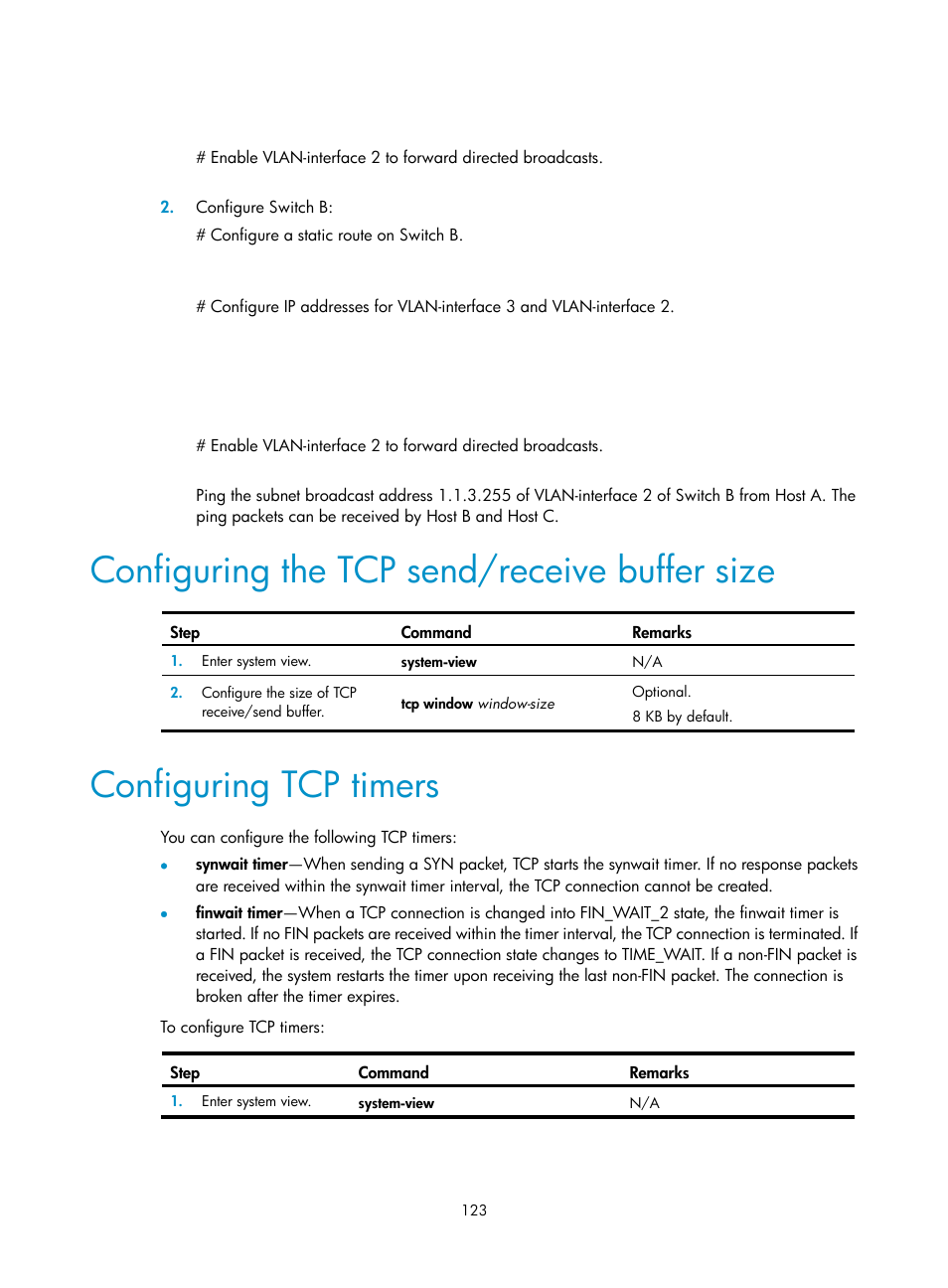 Configuring the tcp send/receive buffer size, Configuring tcp timers | H3C Technologies H3C S12500 Series Switches User Manual | Page 137 / 249