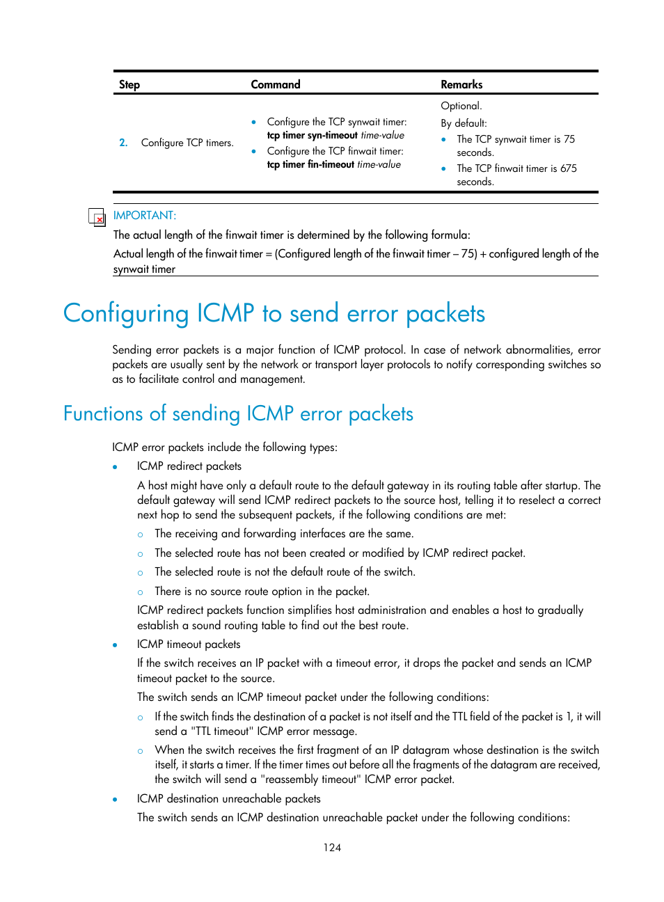 Configuring icmp to send error packets, Functions of sending icmp error packets | H3C Technologies H3C S12500 Series Switches User Manual | Page 138 / 249