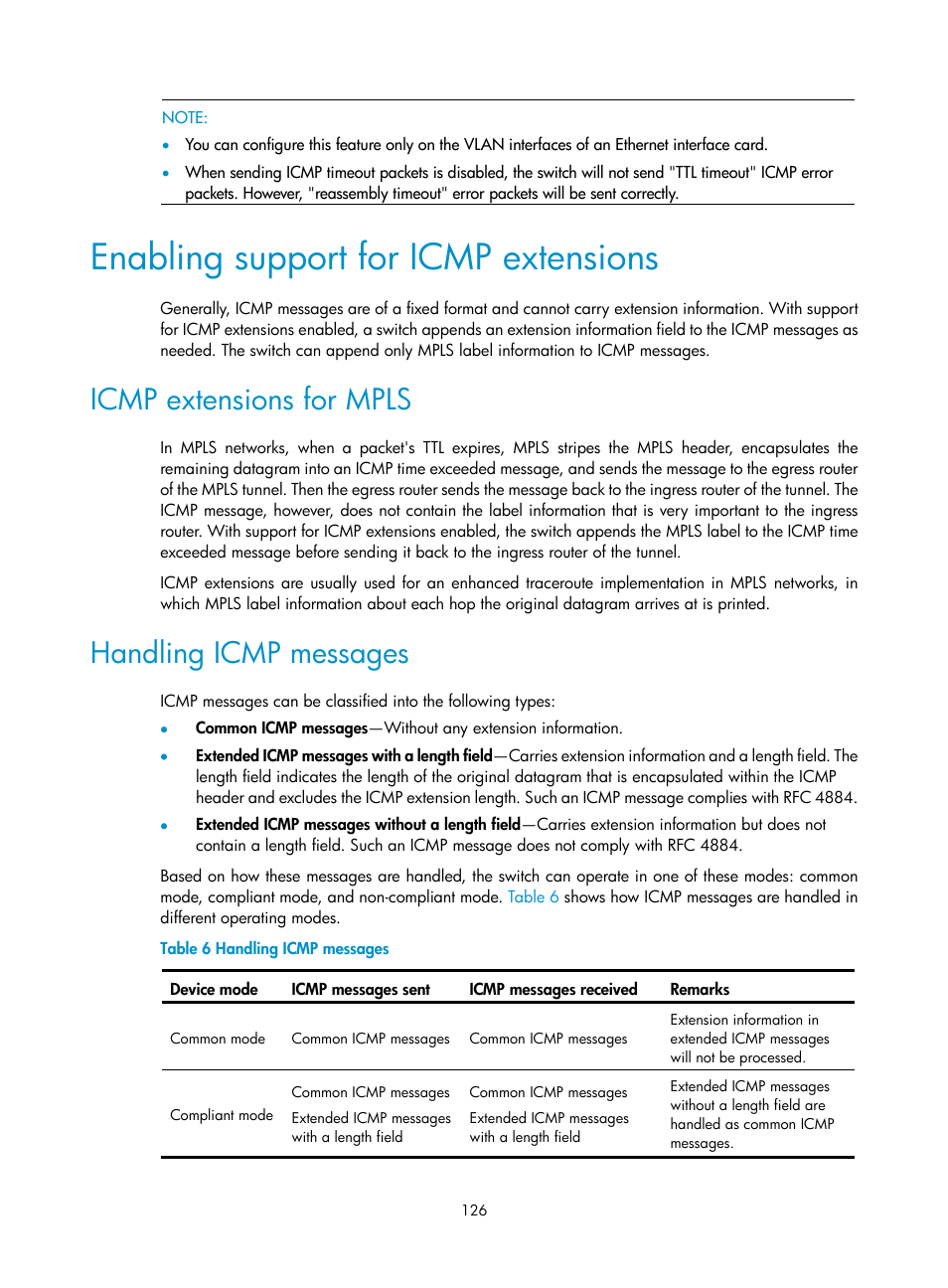 Enabling support for icmp extensions, Icmp extensions for mpls, Handling icmp messages | H3C Technologies H3C S12500 Series Switches User Manual | Page 140 / 249