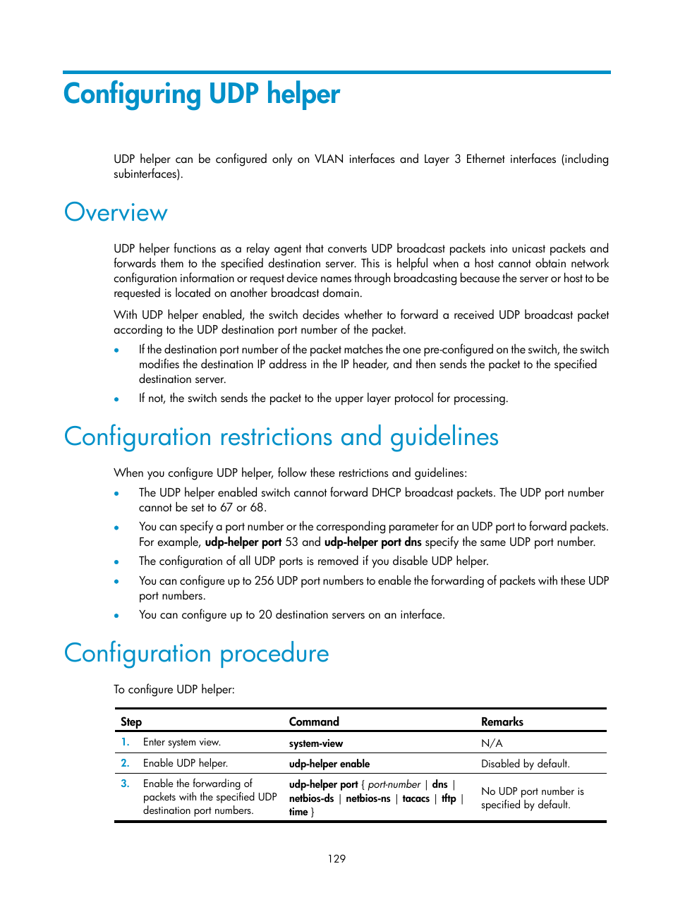 Configuring udp helper, Overview, Configuration restrictions and guidelines | Configuration procedure | H3C Technologies H3C S12500 Series Switches User Manual | Page 143 / 249
